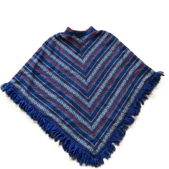 Bobbie Brooks Woven Poncho with Fringe Edge VNeck Blue Stripe Vintage 70s - Picture 6 of 6